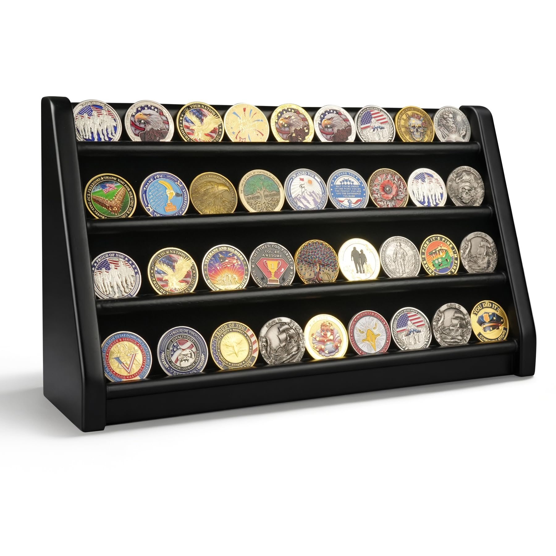 ASmileIndeep Soporte de exhibición de monedas de desafío de 4 filas para monedas de desafío de ejército de coleccionista, estante de exhibición de monedas de madera maciza negro