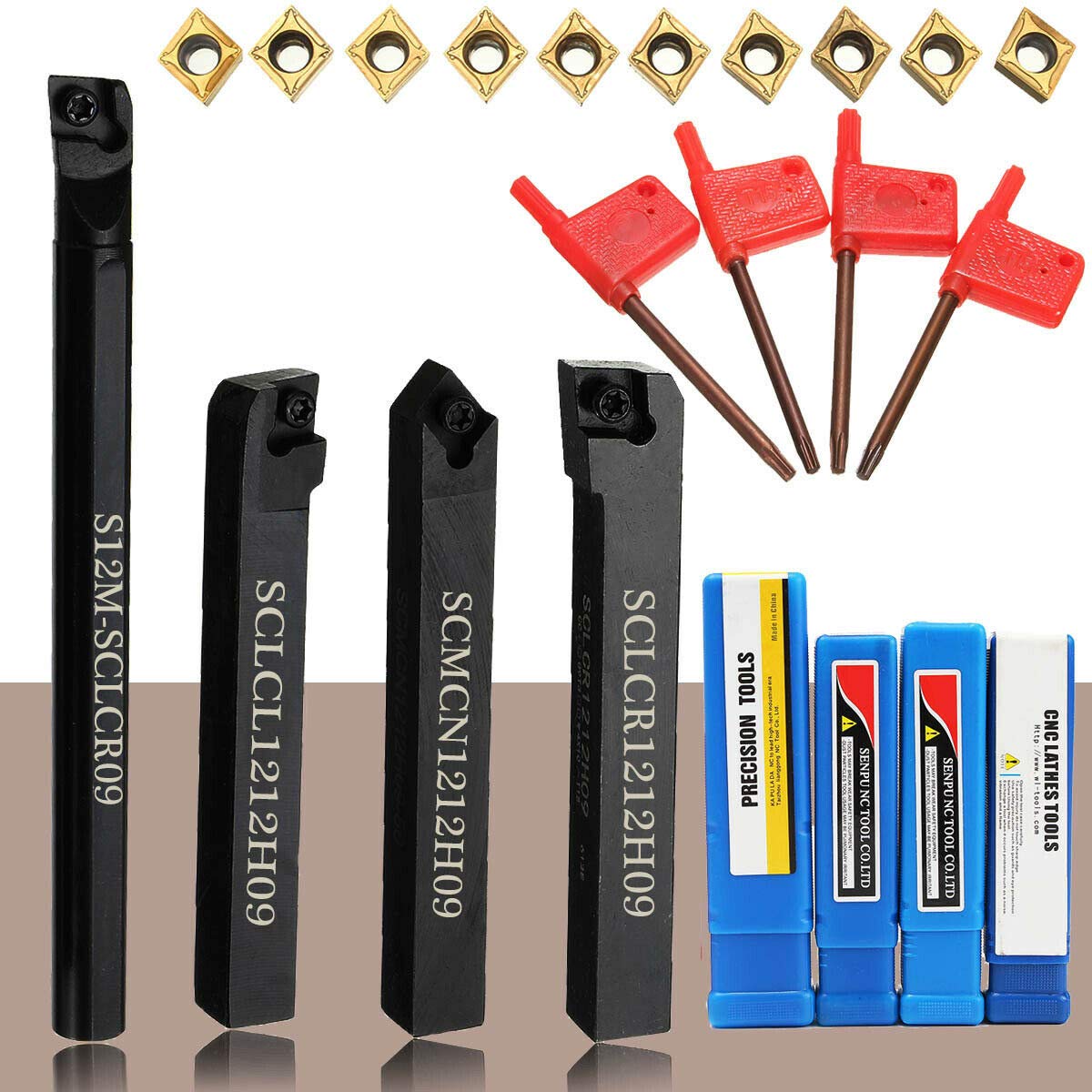 Power Tool As The Picture Powertool Lathe Boring Bar Holder, Turning Tools 4Pcs Lathe Turning Tool Holder +10Pcs Ccmt09t304 Carbide Inserts + 4Pcs T15 Wrench