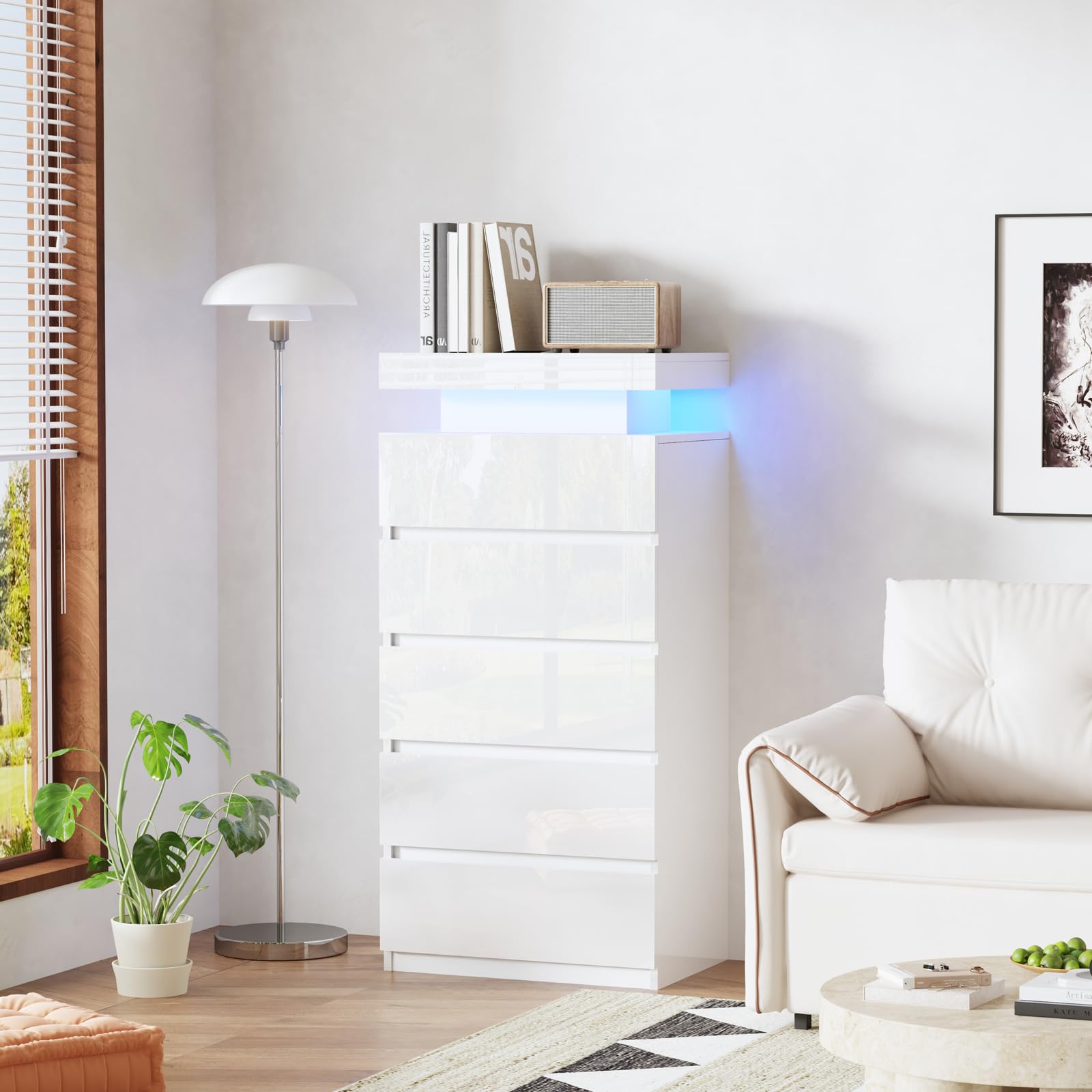BSTSEL White High Gloss Chest of Drawers, 5 Drawers Chest, Large Storage Space for Living Room and Bedroom Bedside Table Cabinet with 16 Colours RGB Lights (5 Drawers Cabinet High Gloss)