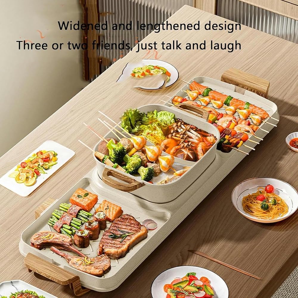 Electric Grill with Hot Pot 2-in-1, 2200W Power Indoor Oven for Shabu-Shabu, Zoned Temp Control, Suitable for 3~12 People - Ultimate Kitchen Appliance