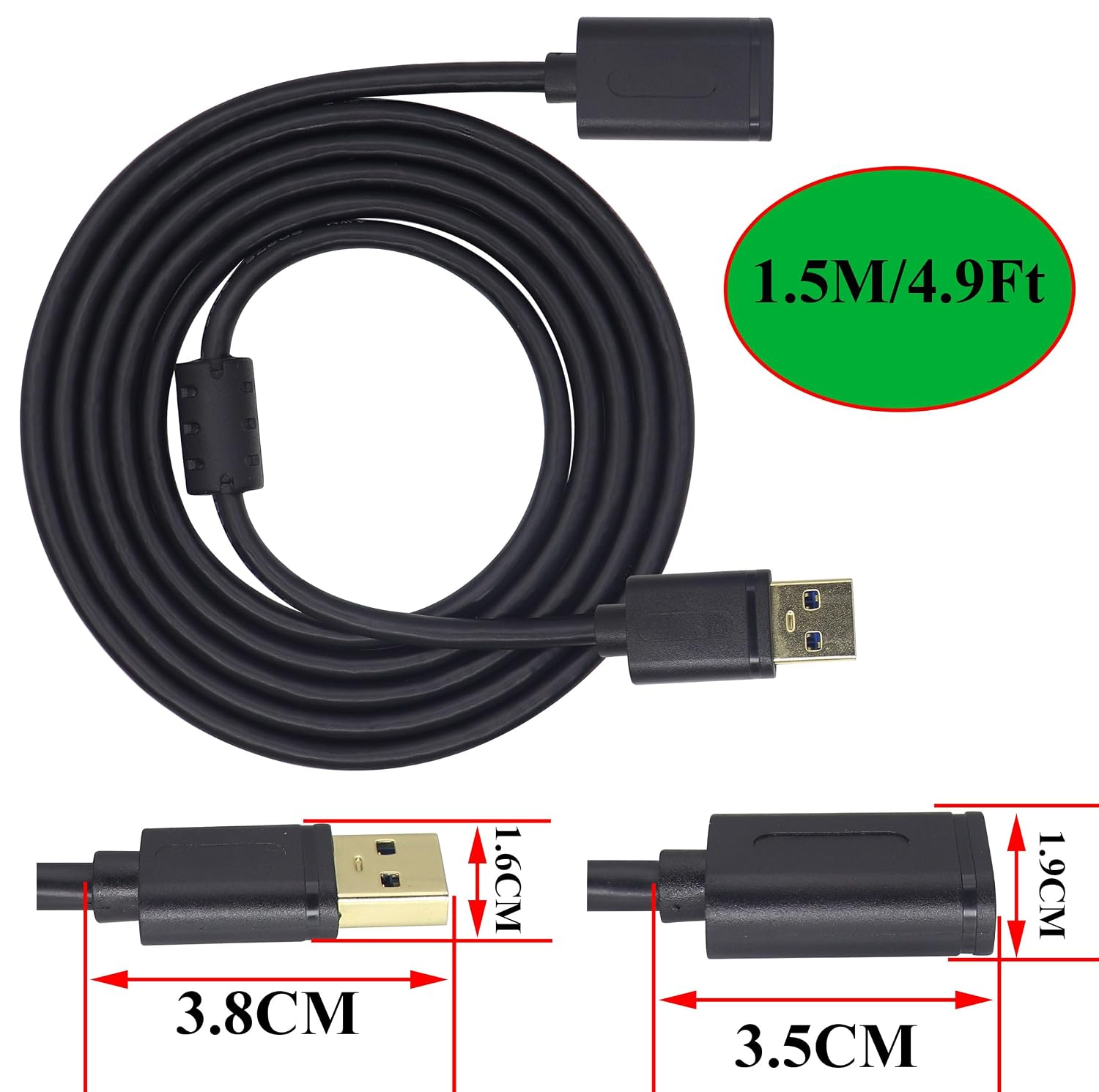 USB 3.0 A Extender Data Cable, Gold Plated USB 3.0 A Male to Female with Magnetic Ring Data Transfer Cable for USB Flash Drive Card Reader, Hard Drive Printer [1.8M/5.9Ft] image 2