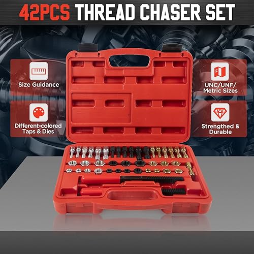 Miniatura 2 de Angchun Juego de cazador de roscas  Kit de reparación de roscas de 42 piezas en UNC, UNF y kit de restaurador de roscas de tamaño métrico con 21