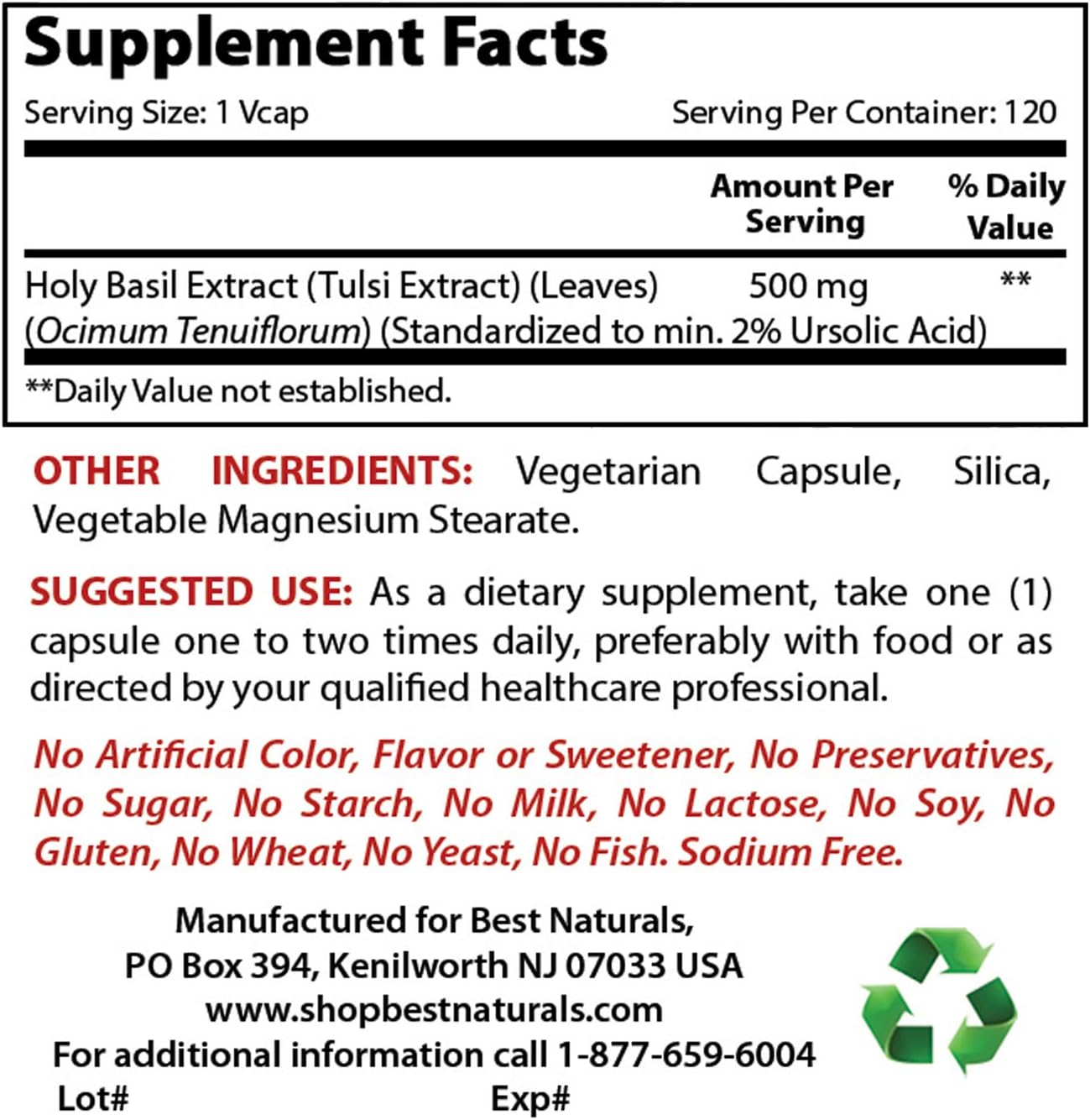 Best Naturals Holy Basil Extract 500 mg 120 VCaps (120 Count (Pack of 1)) - Image 3