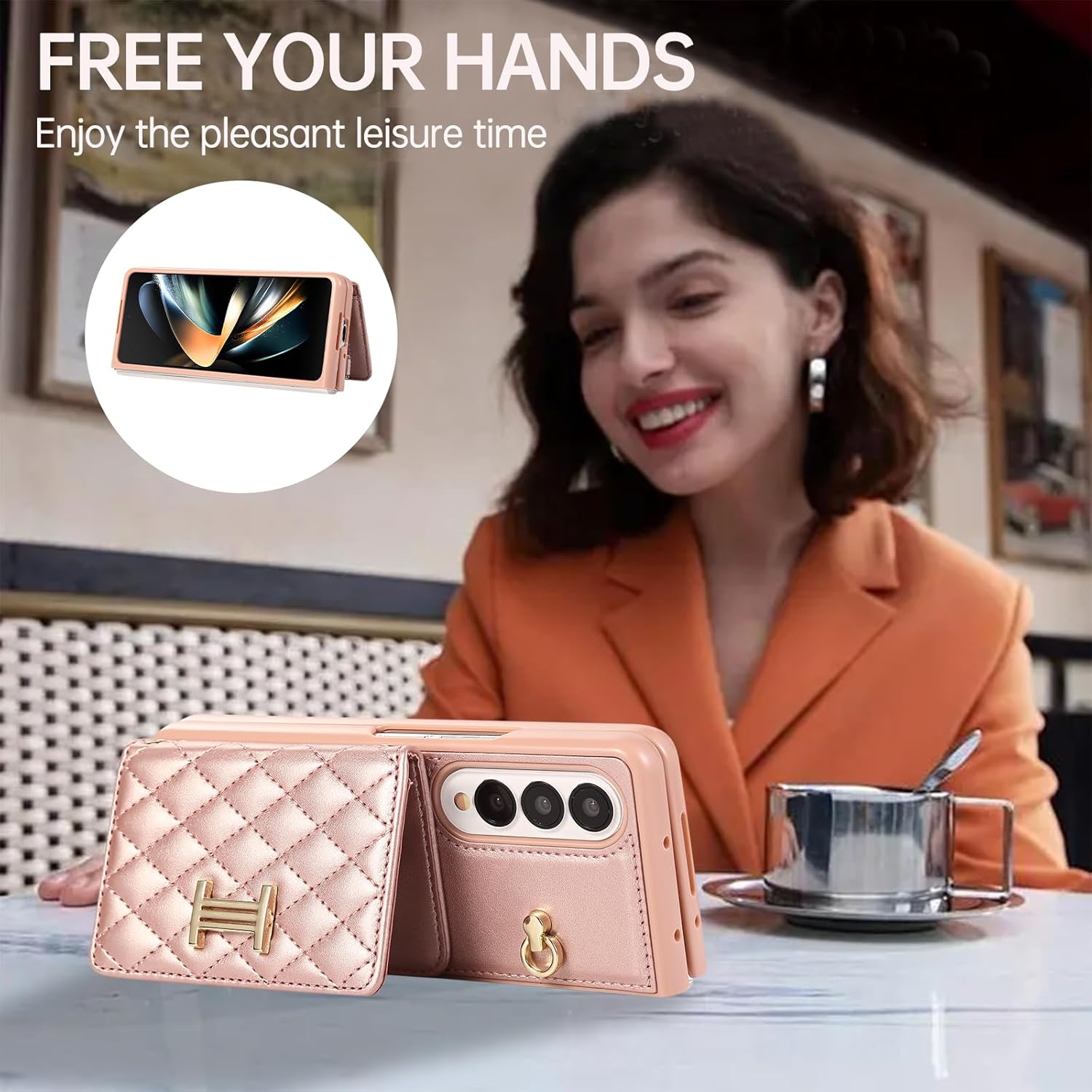 for Samsung Galaxy Z Fold 4 Wallet Case with 2 Card Slots,Shockproof and Skin-Like Soft Leather,Stylish and Luxurious Perfect for Women.(Rosegold)