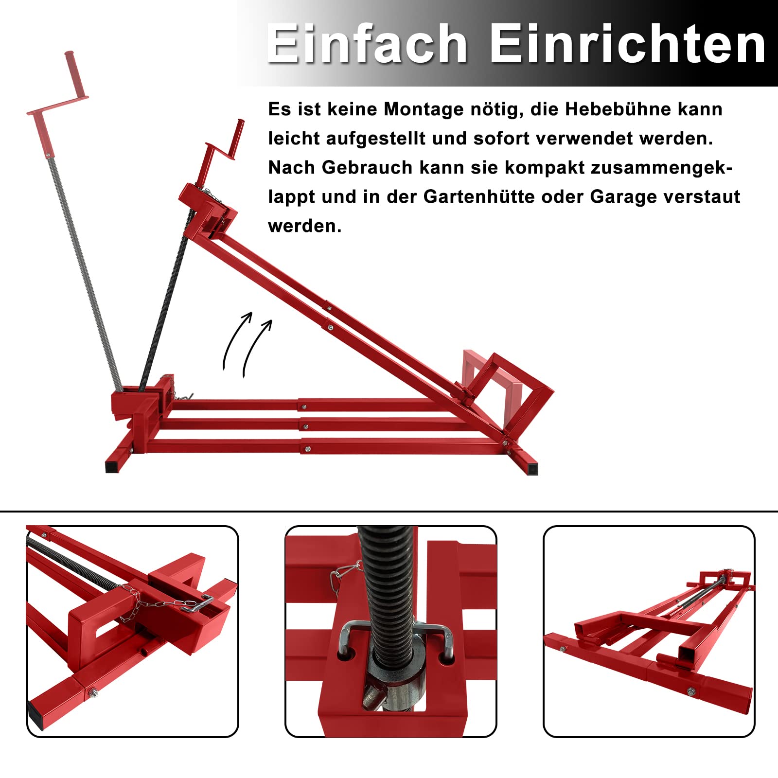 XMTECH Rasentraktorheber Hebevorrichtung Rasentraktor Rasenmäher Lifter 45° Neigung verstellbar, 400KG Hebebühne Hebevorrichtung für Aufsitzmäher Reinigungshilfe Universal, Rot