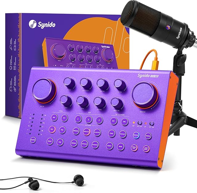 Podcast Equipment Bundle All-in-One Audio Interface Sound Card Podcast Production Studio with 48V Phantom Power, Condenser Microphone for Live Streaming, Guitar, Voice Over, PC, Purple, by Synido