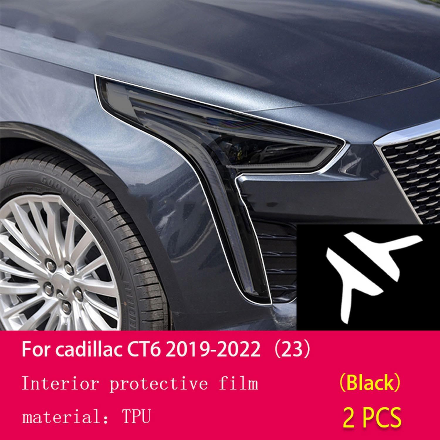 JCAKES Car Exterior PPF Protective Film Headlamp Scratch Protection TPU Transparent Film Smoked Black refit，for Cadillac CT6 2019-2023