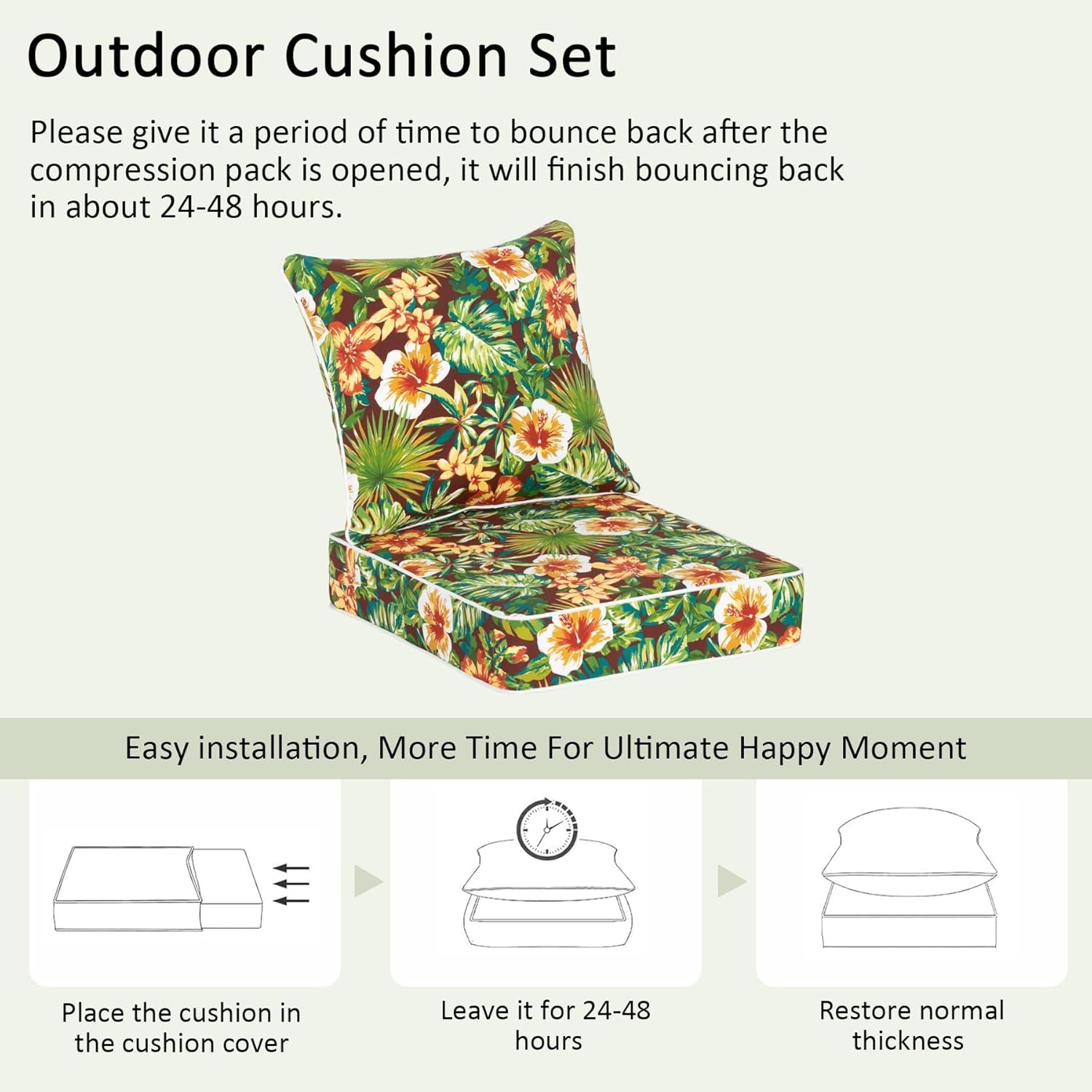 COZYVIDA Outdoor Deep Seat Cushion Set of 2, 24"x24"x5.5" Seat & 25"x22.5" Back, C0 Water-Resistant Breathable Polyester, UV-Resistant 1000+ Hrs, 30D Foam,YKK Zippers,Tropical Floral