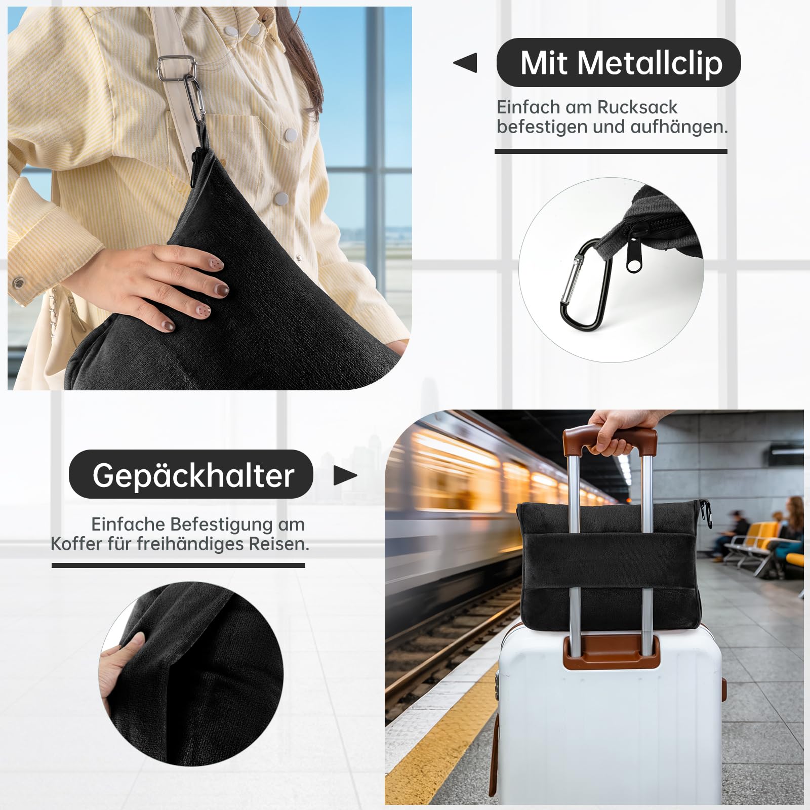 3 in 1 Reisedecke Ultraleicht und warm für Flugzeug und Auto - Tragbares aufblasbares Flugzeug Kissen mit Hülle, Gepäckhülle, Rucksackclip, Augenmaske und Ohrstöpseln(Schwarz)