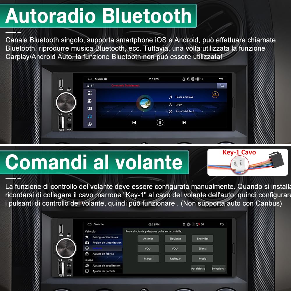 Autoradio Bluetooth 1 DIN con Schermo | CarPlay & Android Auto Wireless FM USB Tipo-C Comandi al Volante