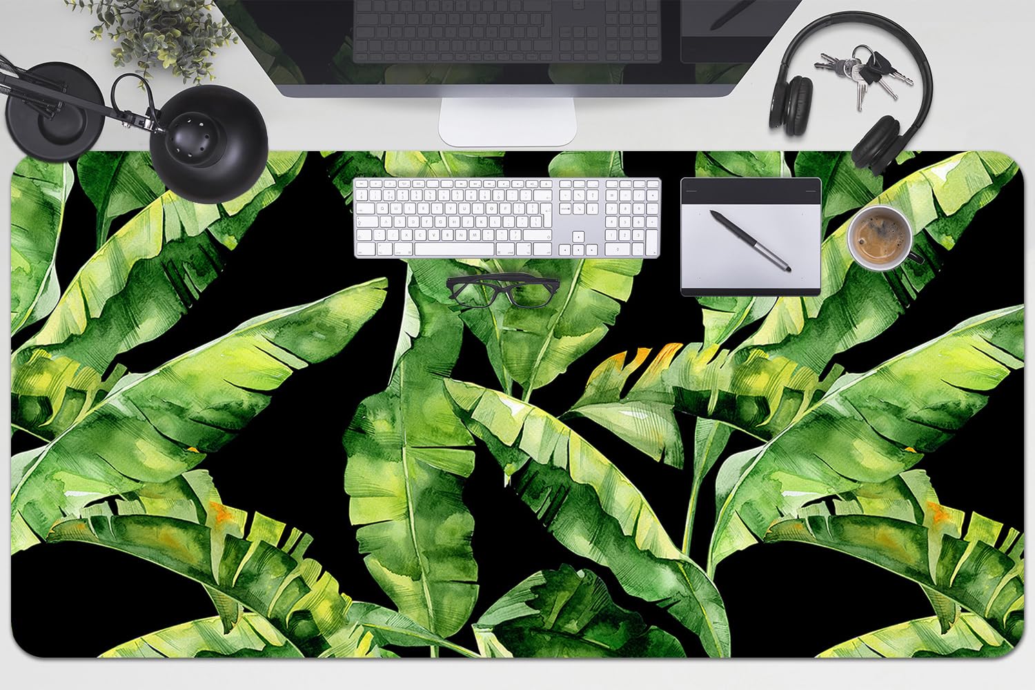 Sottomano per Tastiera 100x50 cm Facile da Pulire Antiscivolo Superficie Protettiva Protezione e Decorazione in Vinile PVC per Ufficio e Casa Impermeabile - Foglia tropicale
