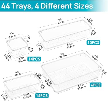 Vtopmart 44 Pack Drawer Organiser, 4-Size Desk Organiser Drawers, Clear Plastic Storage Bins for Makeup, Bedroom, Kitchen Gadgets Utensils and Office | Stackable Transparent Design for Bathroom, Dressing Table, Kitchen and Office, with Non-Slip Mat, Easy to Clean