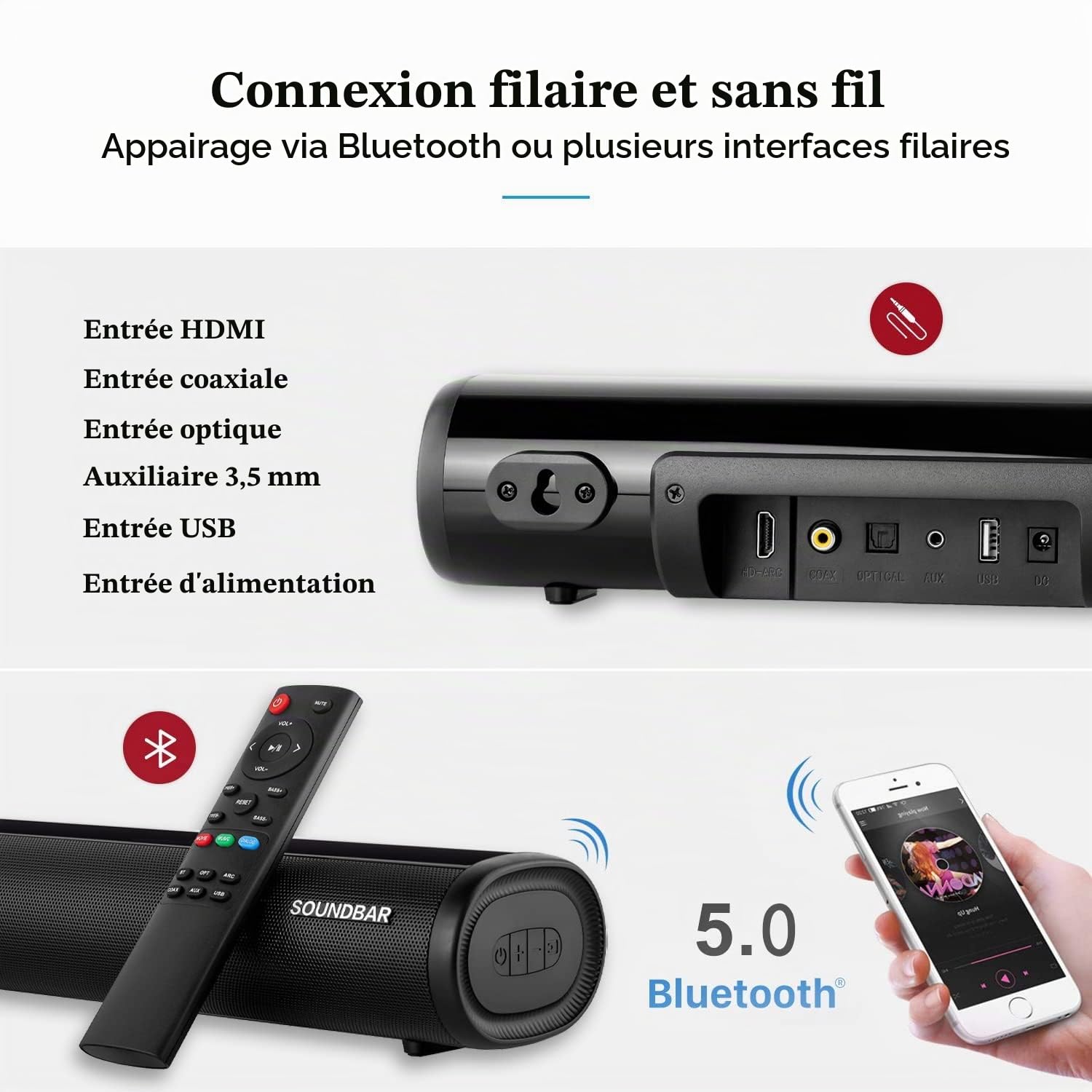 Zeerkeer Barre de Son TV 60W Barre De Son 3 EQ Mode Home Cinema Bluetooth 5.0 avec Télécommande/HDMI/Optique/RCA/AUX/USB 3D Surround Sound Soundbar Barres de Son pour TV 4K 2-en-1 Détachable (50cm)