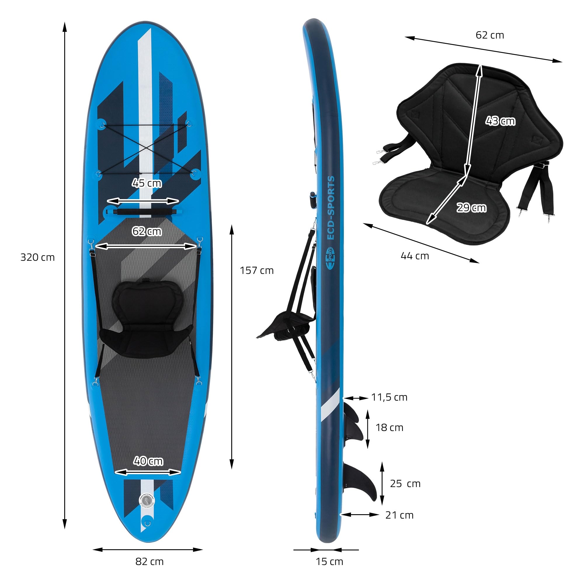 ECD Germany Zestaw nadmuchiwanej deski do wioslowania z siedzeniem do kajaka, niebieski, 305 x 78 x 15 cm, z PVC, wioslo z Alu, kompletne akcesoria, deska SUP z wioslem, deska surfingowa, deska