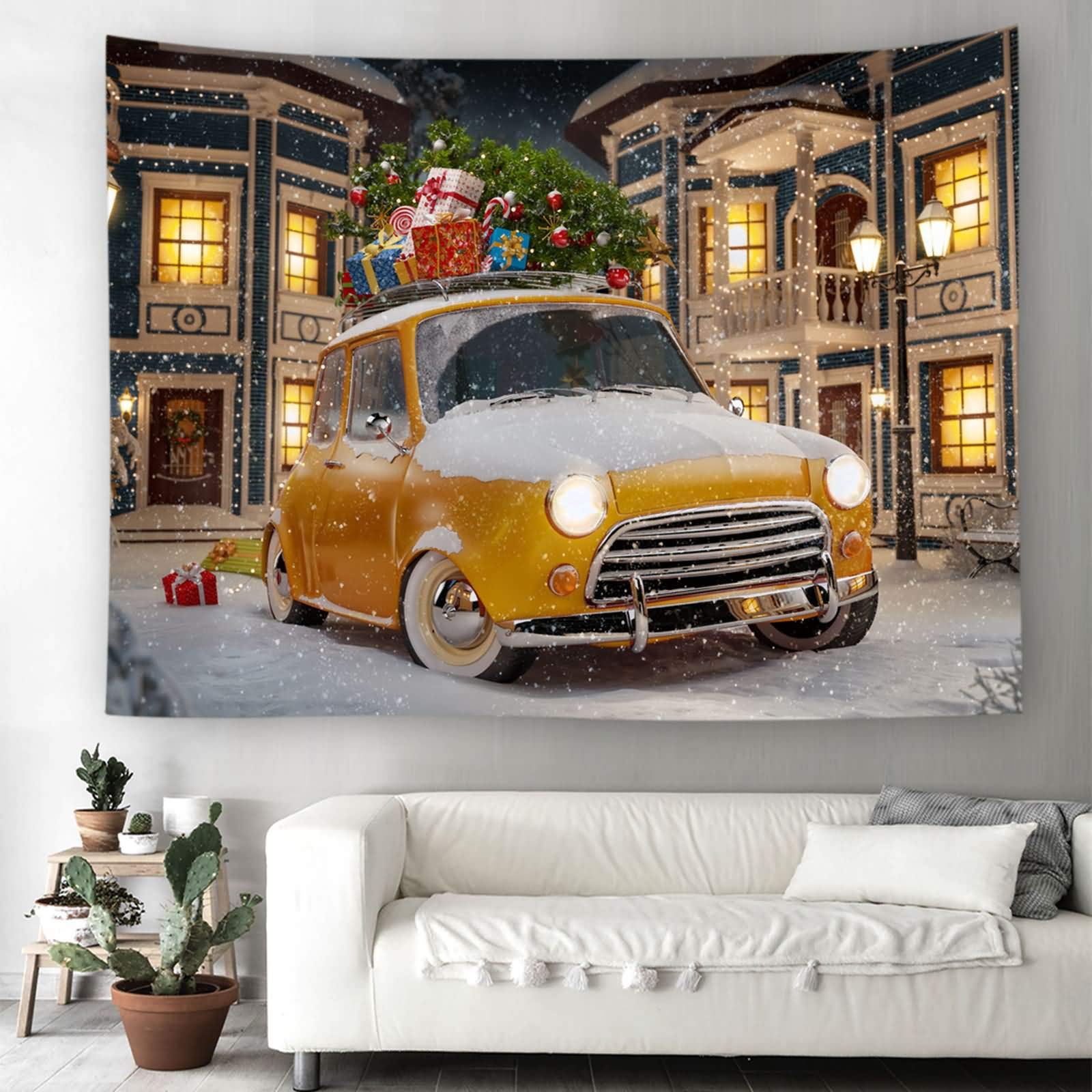 Arazzo da Parete Natalizio, Arazzo Moderno da Parete Auto Regalo di Natale Giallo Bianco Arazzo Tappeto Muro Decorativo, 180x230CM