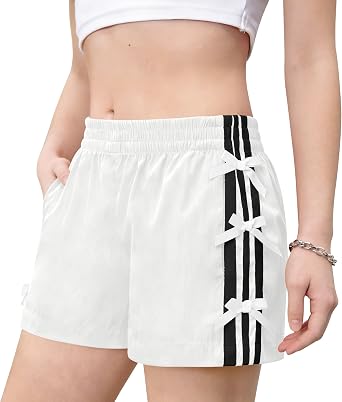 Girls Y2K Striped Track Shorts with Bowknot - Wide Leg, Elastic Waistband & Pockets, Casual for 6-14Y