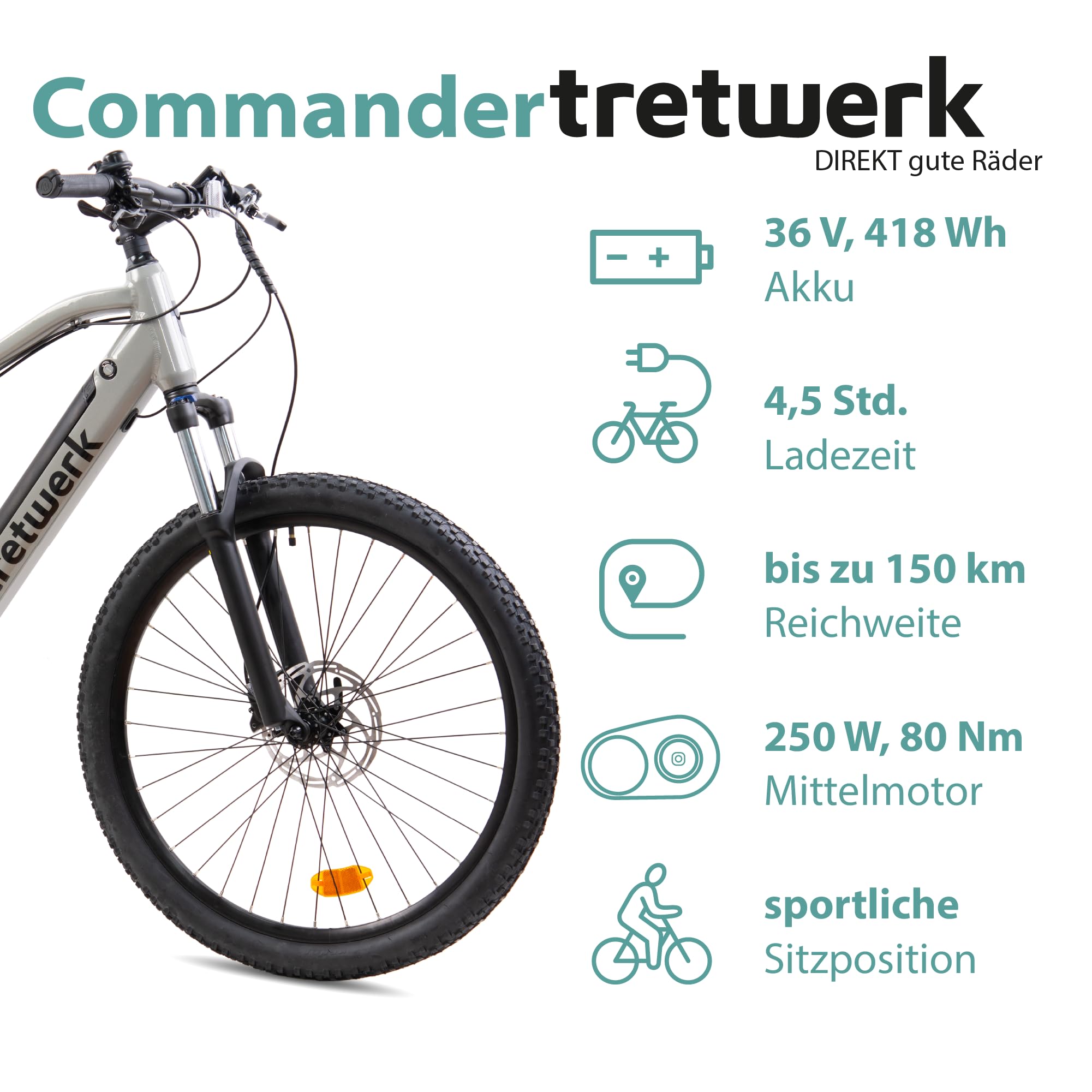 TRETWERK - 27,5 Zoll E-Bike Mountainbike - Commander - Pedelec Mountainbike mit 9 Gang Shimano Kettenschaltung - Elektrofahrrad MTB Hardtail mit Hecknabenmotor 250W, 36V
