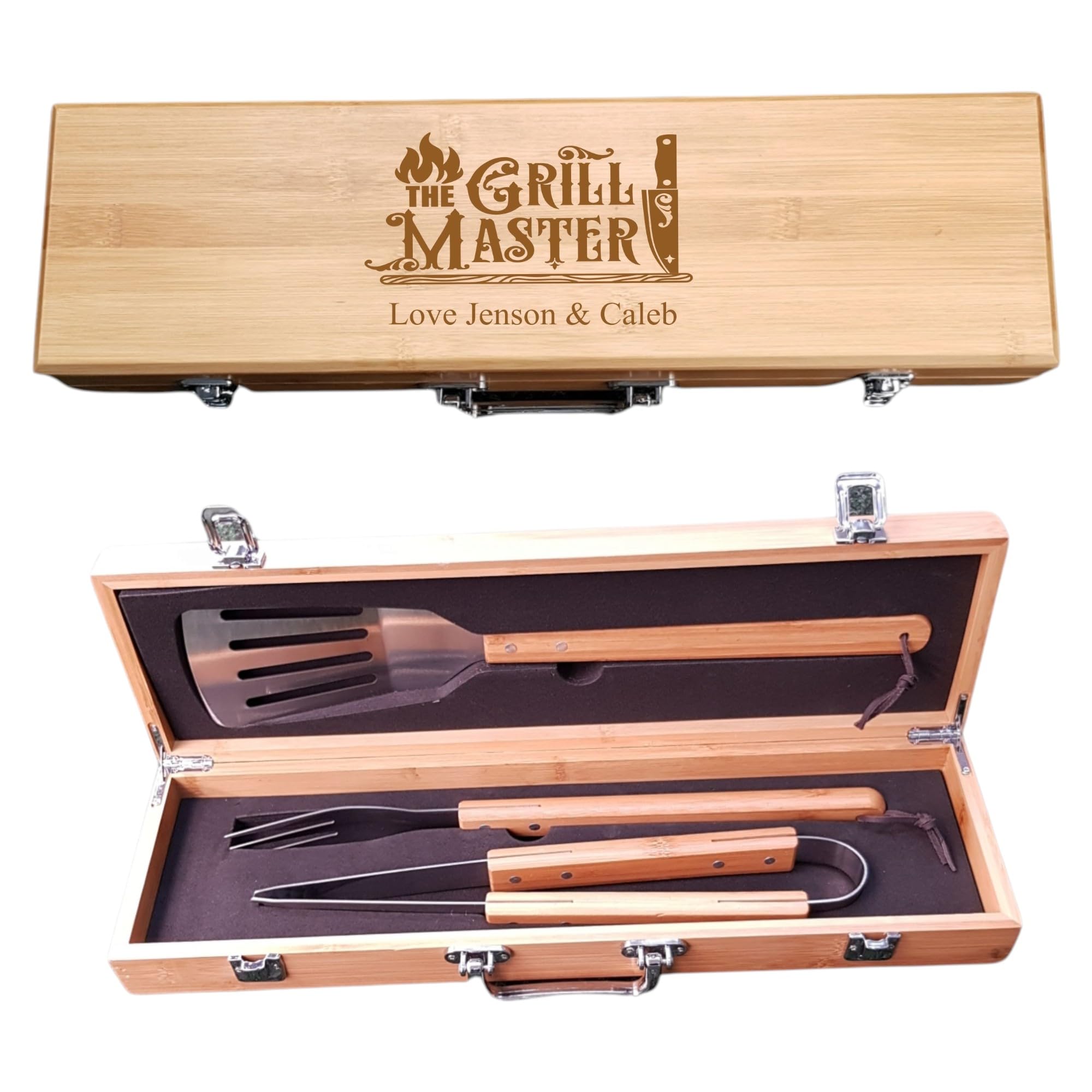 [Custom] Personalised Engraved The Grill Master Design Luxury Bamboo BBQ Tools Set Fathers Day Birthday Christmas Wedding Retirement Anniversary