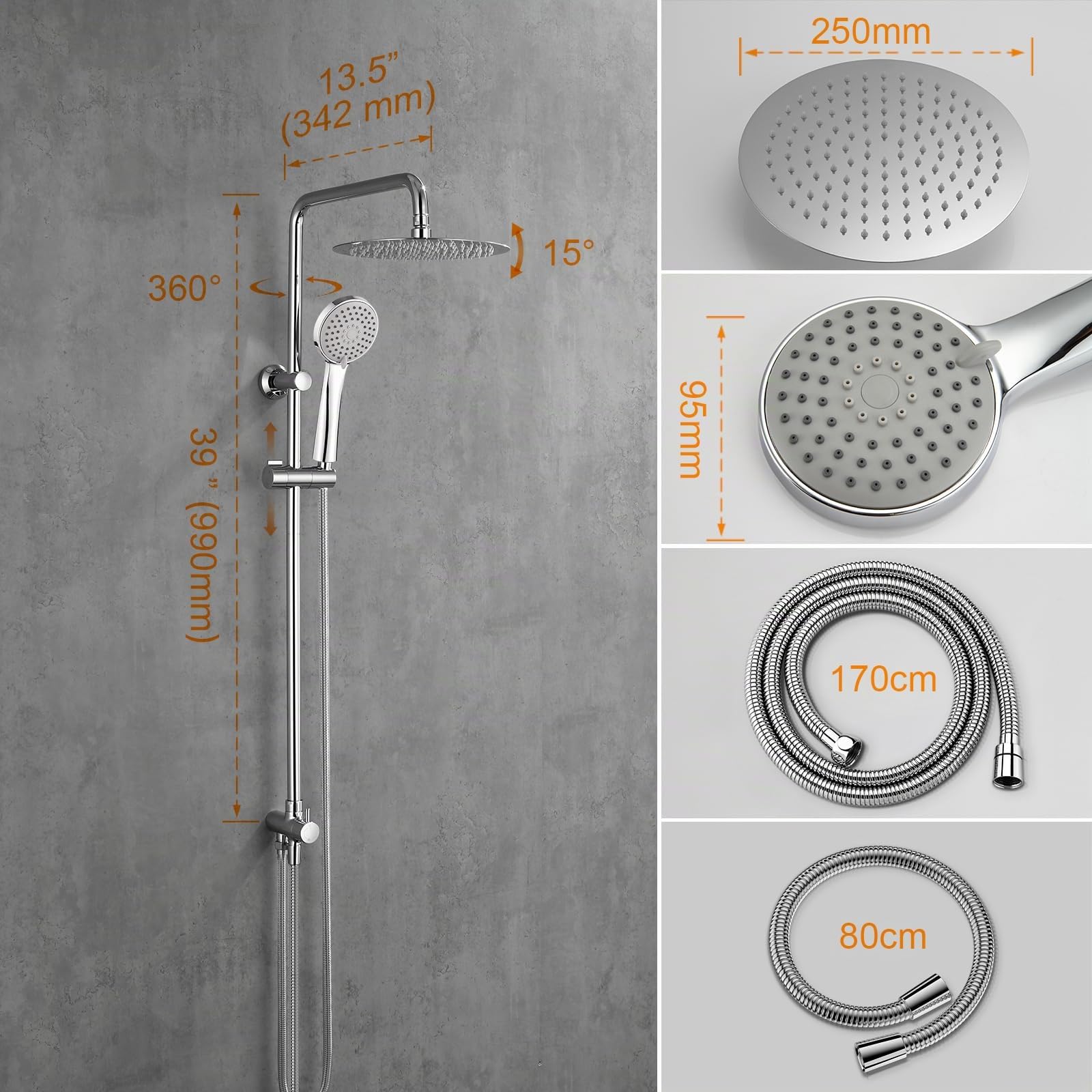 GRIFEMA Columna de ducha sin grifo mezclador con rociador redondo de 25 cm, teleducha de 3 funciones, flexo de ducha y soporte, Cromo, con desviador, G7005