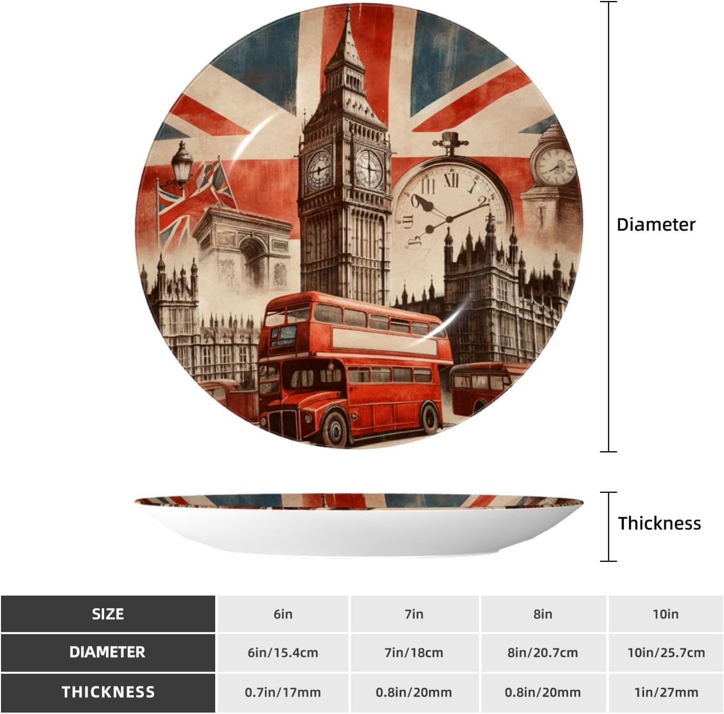 Collage-Icons-Of-London 10 Inch Decorative Plate With Stand, Elegant Display Wall Plate For Home Decor