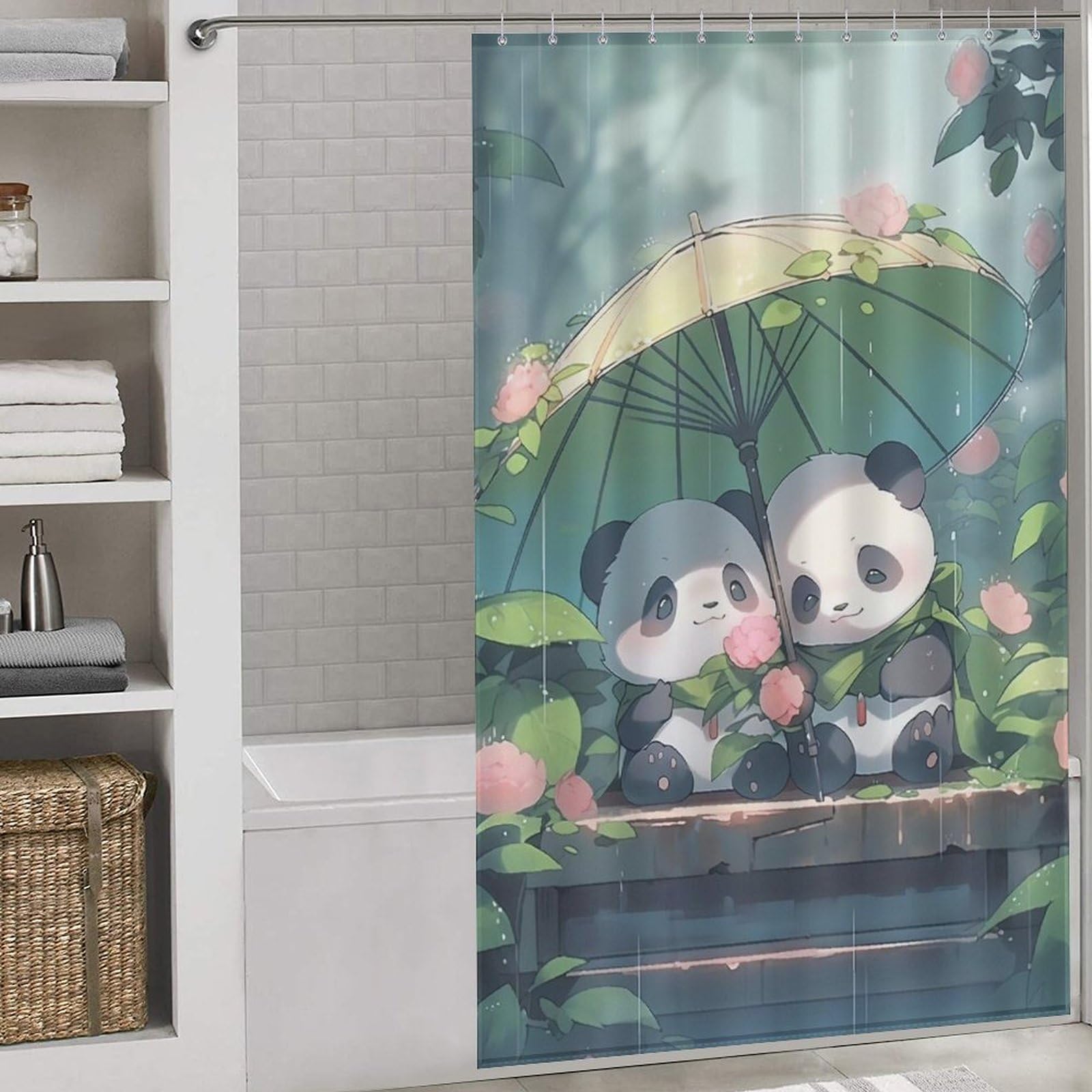 Rideau de douche panda imperméable lavable avec crochets de suspension inclus