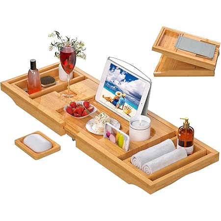 Bathtub Caddy Tray for Tub,Foldable Bamboo Bath Table Tray with Book and Wine Glass Holder, Expandable Bathroom Accessories with Free Soap Dish Suitable for Luxury Spa or Reading