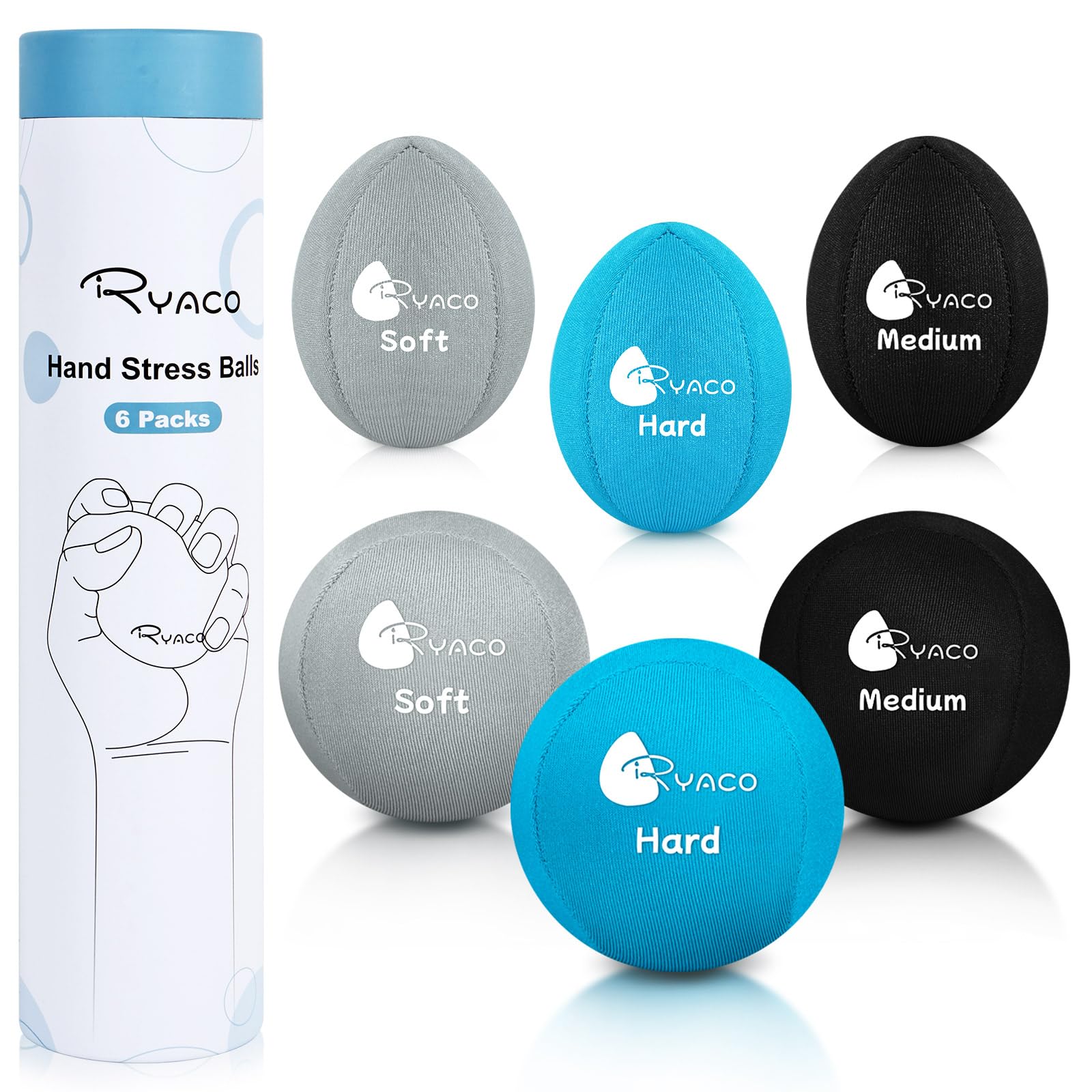RYACO Stress Balls for Adults, 6 Pack Hand Exercise Therapy Balls, Soft, Medium, Hard Tri-Density - Anxiety Relief, Resistance Training, Easy Squeeze, Grip Strength — image 1