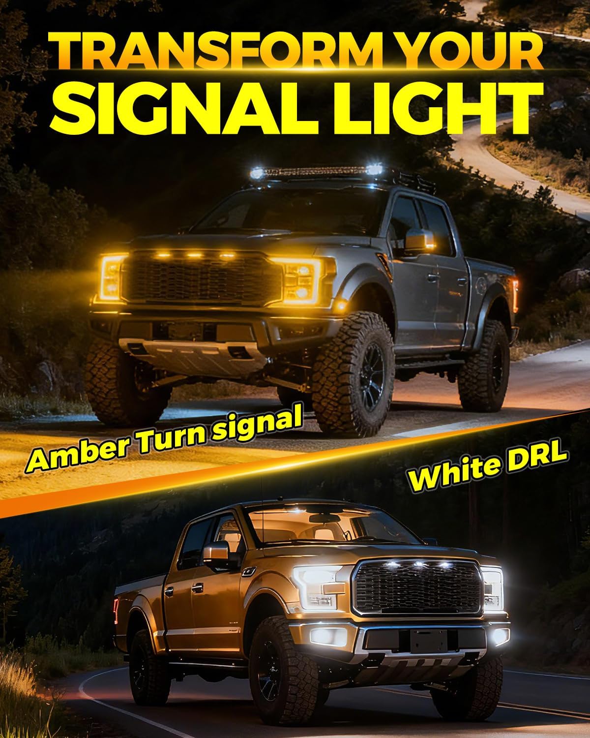 7443 Switchback LED Bulbs Amber Yellow Built-in Resistor and Turbo Fan, 7444NA 7443A 7444NAK T20 Anti Hyper Flash Error Free For Turn Signal Blinker,White For Daytime Running Lights, Pack of 2