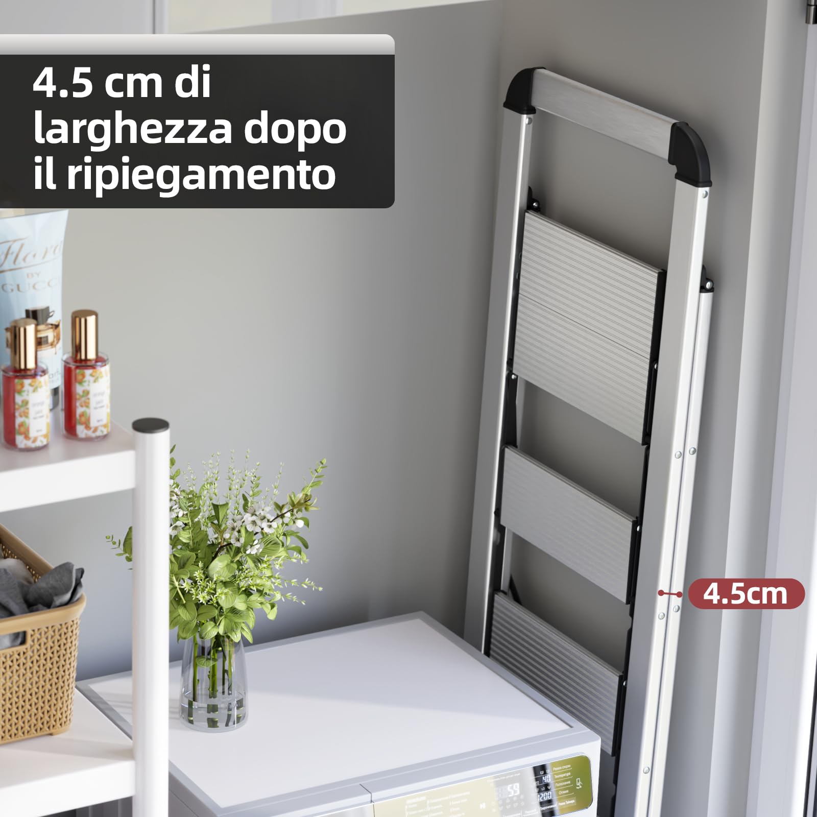 KINGRACK Scaletta 5 Gradini Pieghevole in Alluminio Leggera con Corrimano, Blocco di Sicurezza, Pedali Antiscivolo, Scala per Cucina Garage Casa, Salvaspazio Robusta e Portatile Massima 150kg, Argento