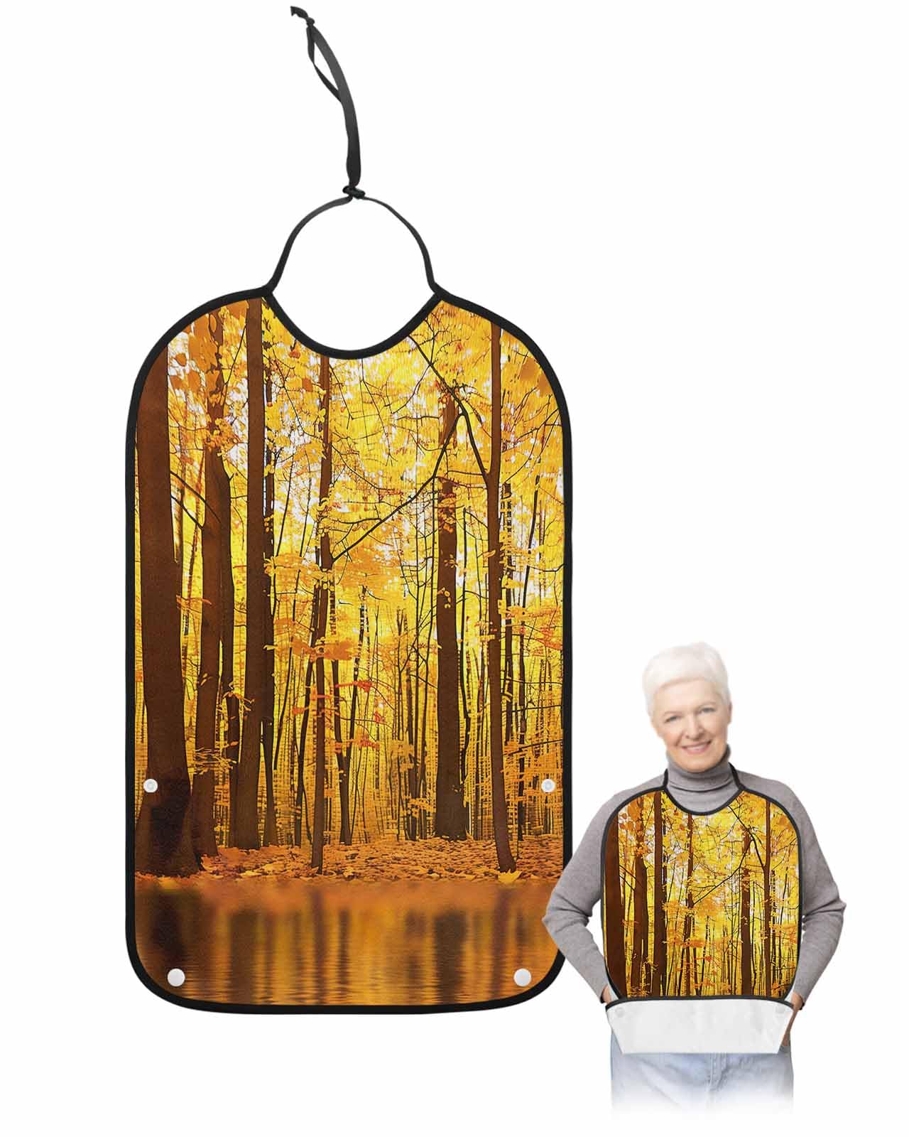 Onekaccu Fall Yellow Forest Adult Bibs for Elderly Women Men Washable Bibs for Eating, Abstract Autumn Pine Tree Natural Landscape Waterproof Clothing Protectors Adult Bibs with Crumb Catcher