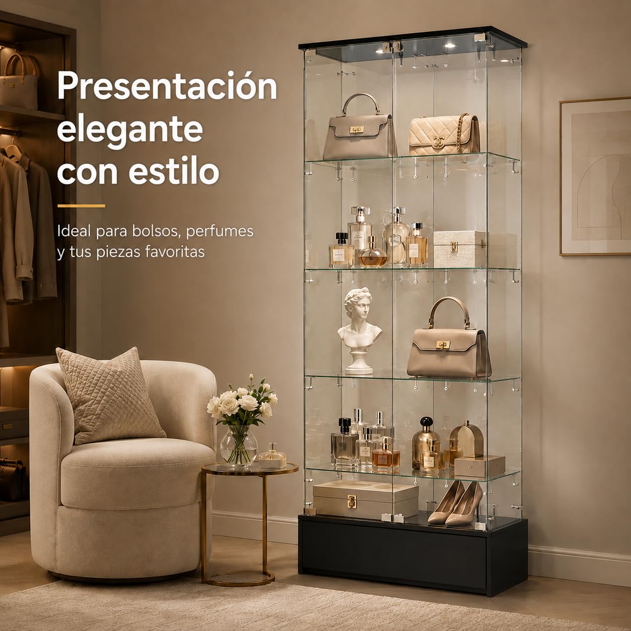 Vitrina de Cristal con Cajón Inferior, 4 Niveles, Estantes de Vidrio y Marco Negro, 69,9 x 35,3 x 179,8 cm, para Coleccionables, Figuras y Decoración