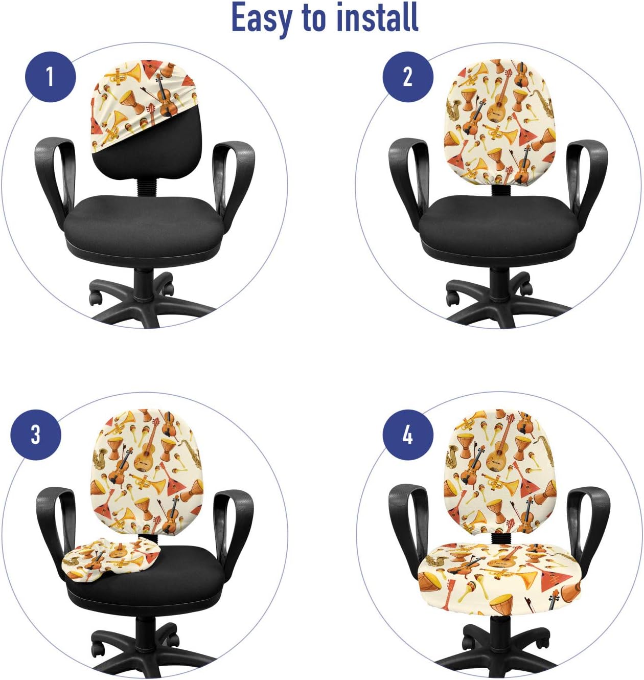 Ambesonne Jazz Music Office Chair Slipcover, Pattern with Horn Drum Guitar and Fiddlestick Folk Music Ensemble Instruments, Protective Stretch Decorative Fabric Cover, Beige Ginger