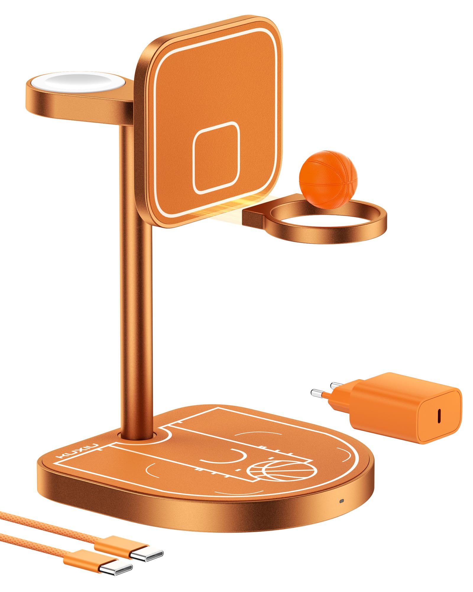 KUXIU X85 Turbo Qi2.2 25W Caricatore Wireless Magnetico 3 in 1, Stazione di Ricarica per iPhone 17-12/Apple Watch/Airpods, Design a Tema Pallacanestro in Lega di Alluminio, con 45W Adapter, Arancione