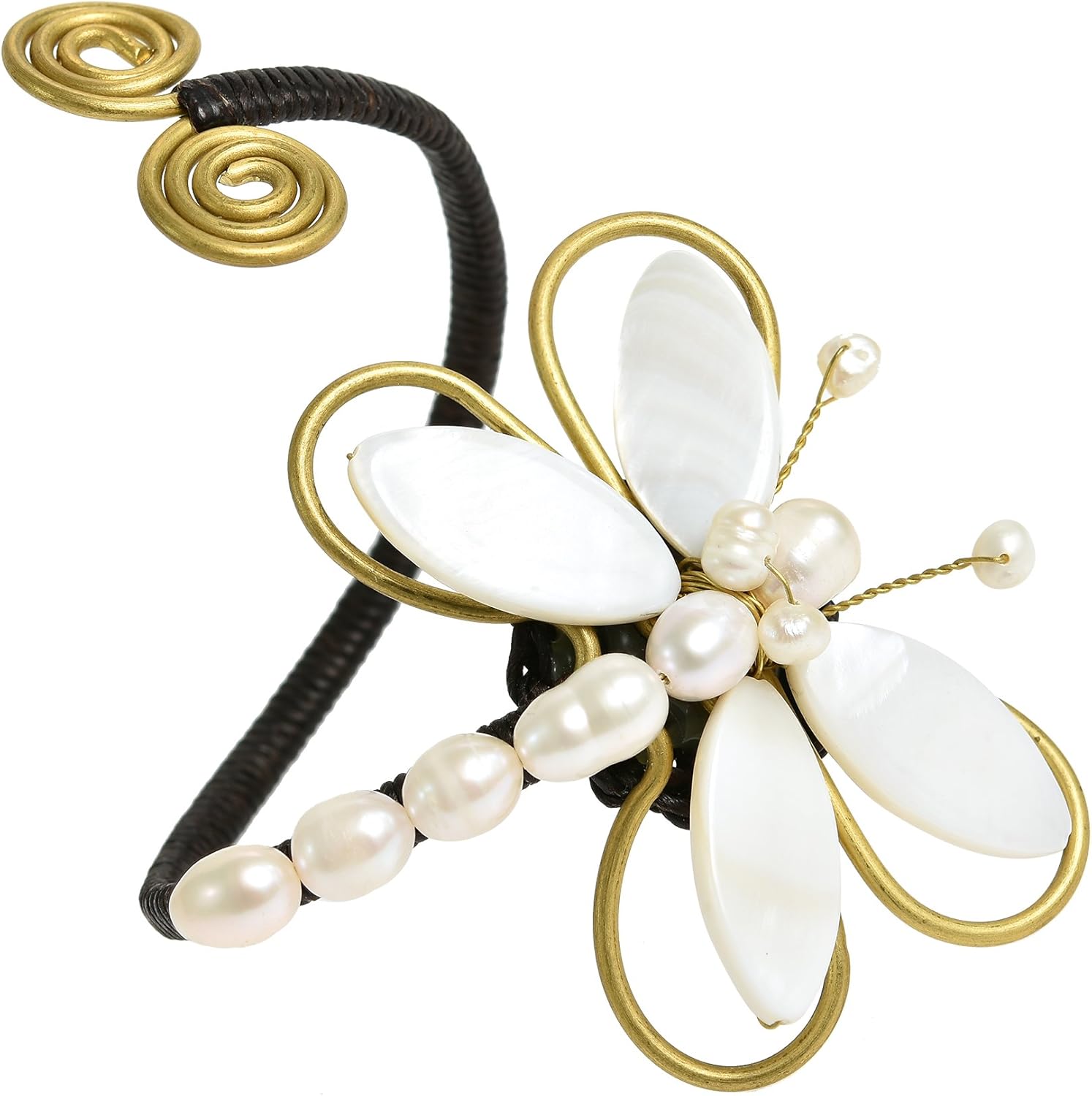 AeraVida Chic Organic White Mother of Pearl & Cultured Freshwater White Pearl Dragonfly Handmade Cuff Bracelet