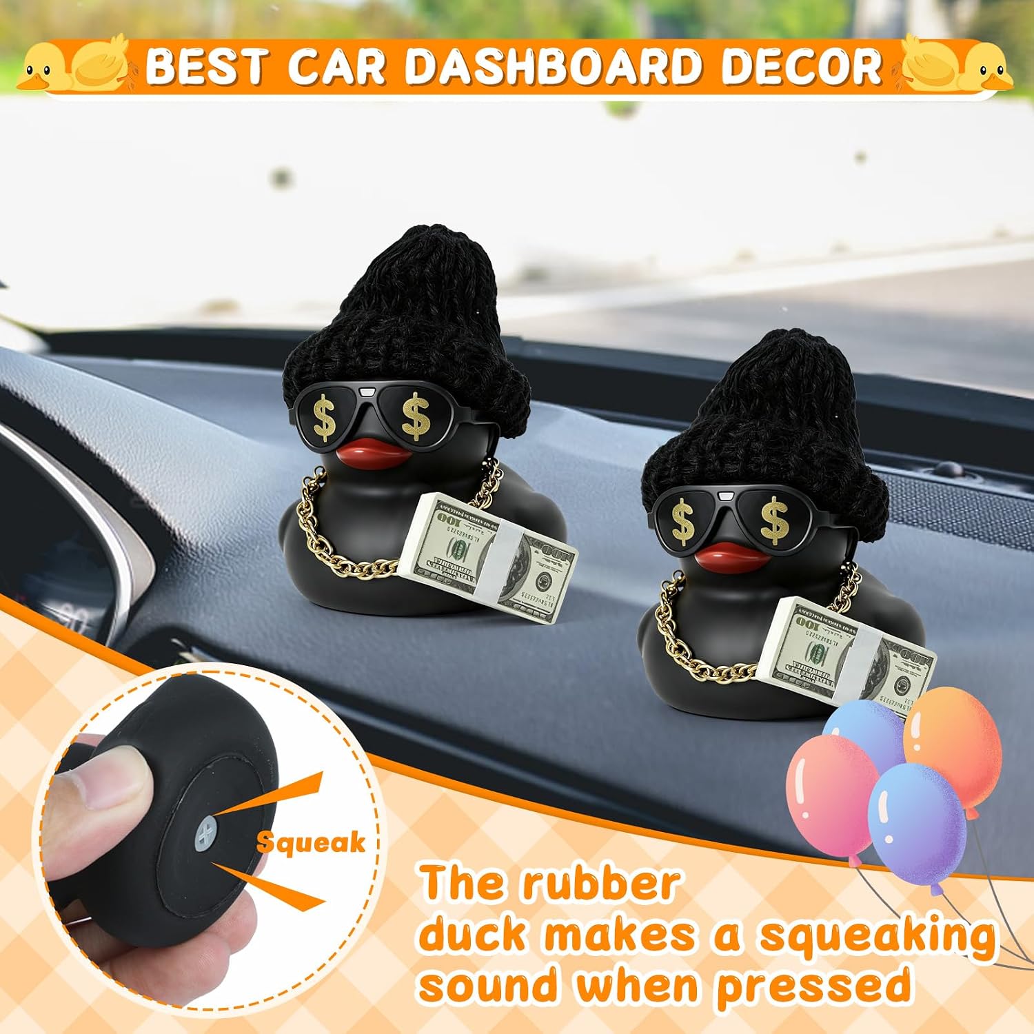 Black Rubber Duck with Knit Hat, Necklace, Dollar and Sunglasses image 3