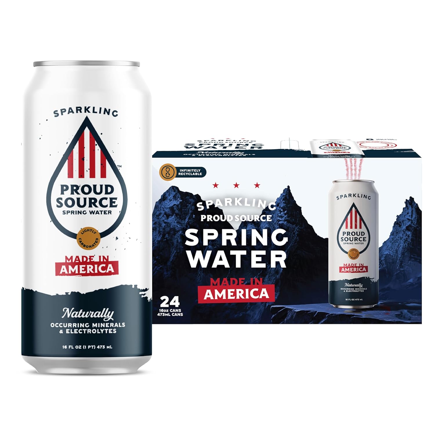 Proud Source Sparkling Alkaline Spring Water - Made in America Limited Edition - Rocky Mountain Sourced Carbonated Mineral Water with Electrolytes, BPA-Free Recyclable Can, Unflavored, 16 Fl Oz (Pack of 3 Cases - 24 Cans)