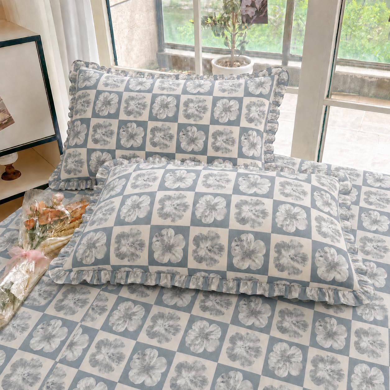 VOMZER King Size (60x78) 300 TC Soft Cotton Feel Microfiber All Around Elastic Fitted Double Queen Bedsheet with 2 Frill Pillow Covers | Box Flower