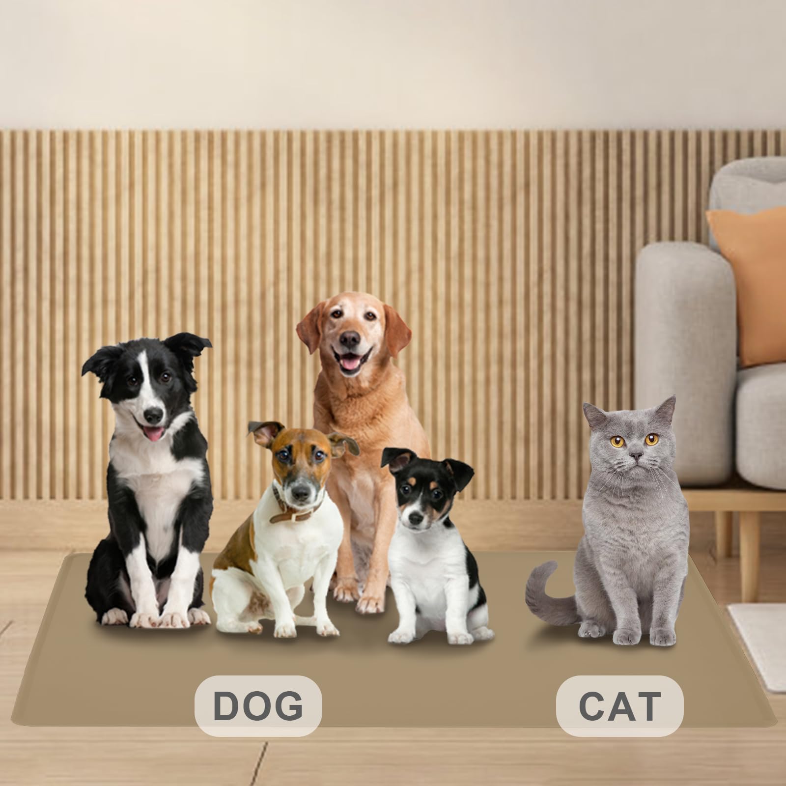 Hundefuttermatte für Futter und Wasser, wasserdichte Silikon-Haustier-Futtermatte für Böden mit zusammenklappbarem Katzen- und Hundenapf für Reisen, extra groß, 100 x 75 cm, Khaki