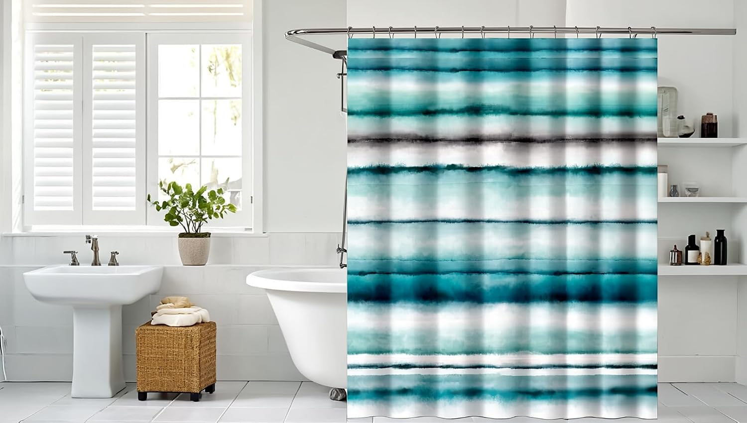 100% Recycled Cotton Modern Stripe Watercolor Teal Shower Curtain – Eco-Friendly, Lightweight Sustainable Fabric, Button Hole Semi Sheer Curtain for Bathroom, Durable & Washable, 72"x72"