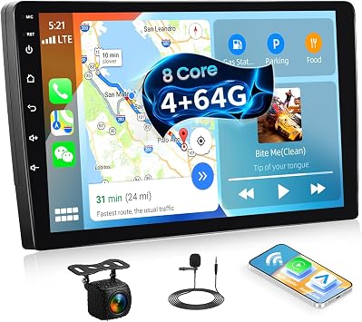 [8-Core 4+64GB] راديو ستيريو للسيارة مزدوج Din يعمل بنظام Android 13 مع مشغل سيارة لاسلكي ونظام Android Auto، ودعم راديو السيارة مقاس 9 بوصات، ووصلة مرآة، وشبكة WiFi، ونظام تحديد المواقع العالمي، ونظام الملاحة، والبلوتوث، وراديو FM/RDS، وكاميرا احتياطية EQ/DSP/SWC+AHD