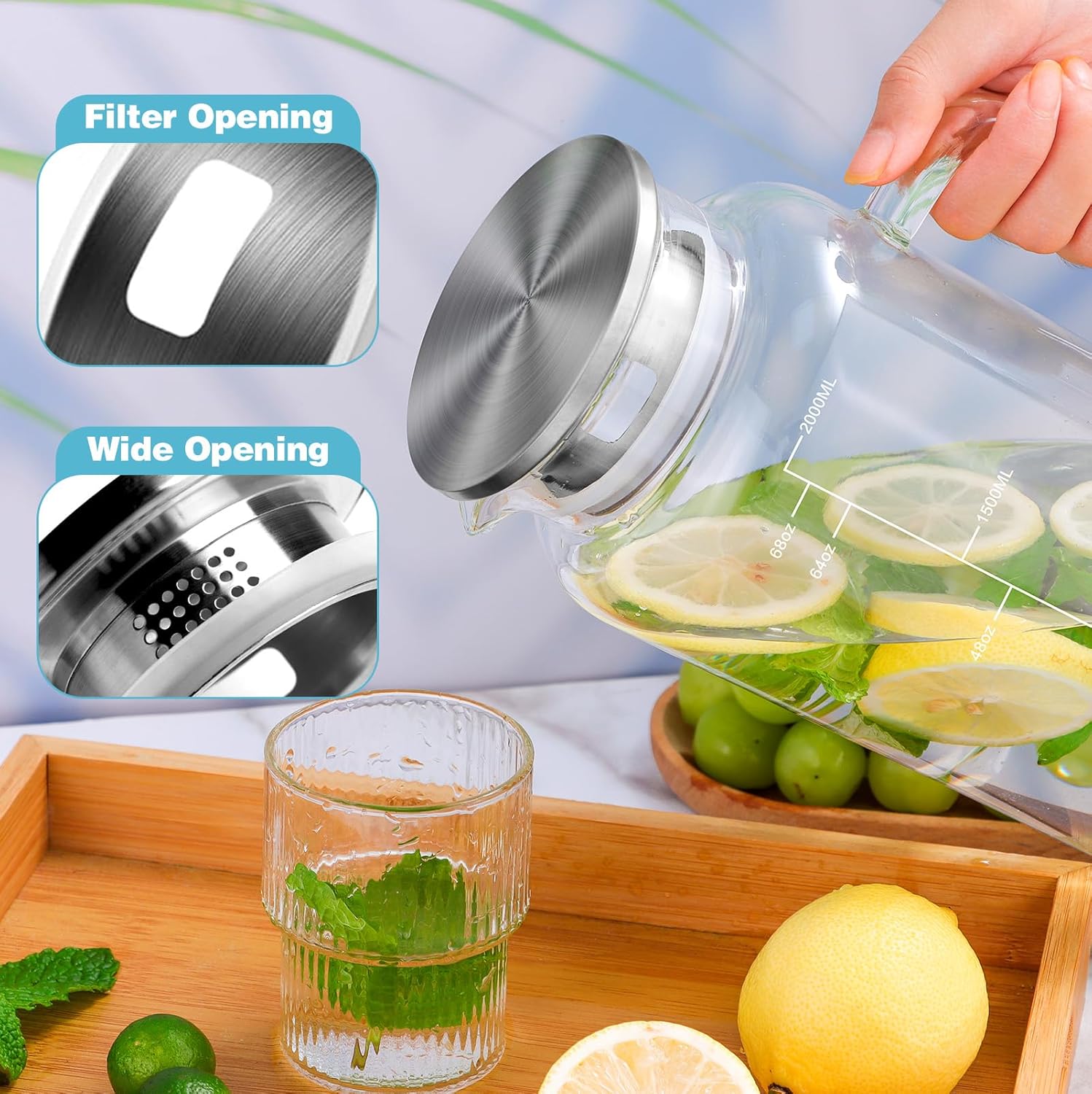 Aofmee 68oz Glass Pitcher with Lid, 2 Liter Water Carafe with Silicone Base and Precise Scale Line, Ice Tea Pitcher for Fridge, Anti-Slip Glass Jug for Sun Tea Juice Coffee Milk Beverage (Blue) - Image 5