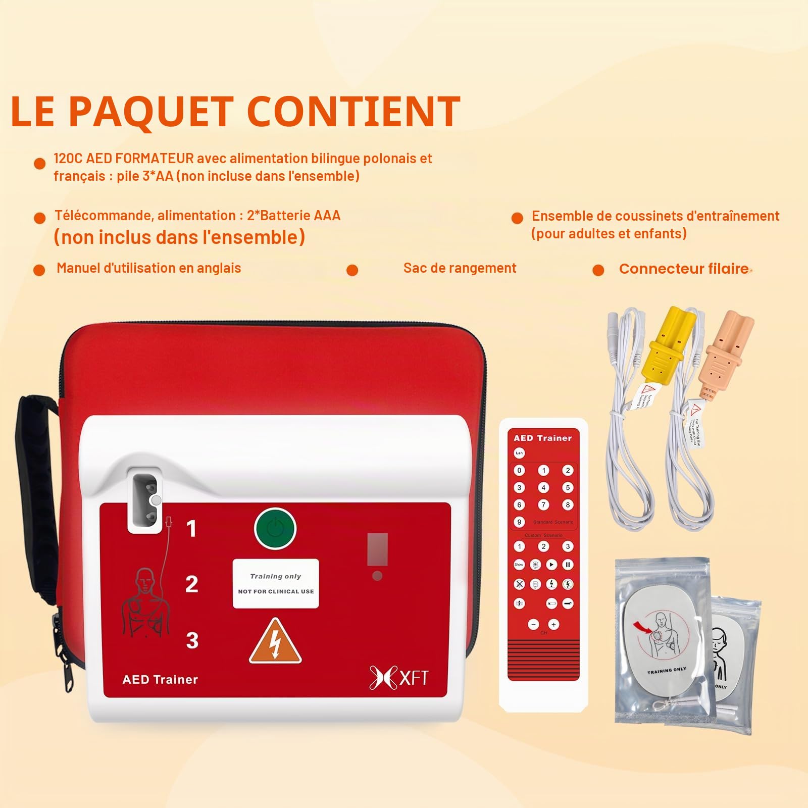 Défibrillateur de Formation avec Télécommande, AED-Trainer avec CPR 10 Scénarios d'Entraînement, Annonces Vocales en Français&Polonais pour entraînement AED (120C)