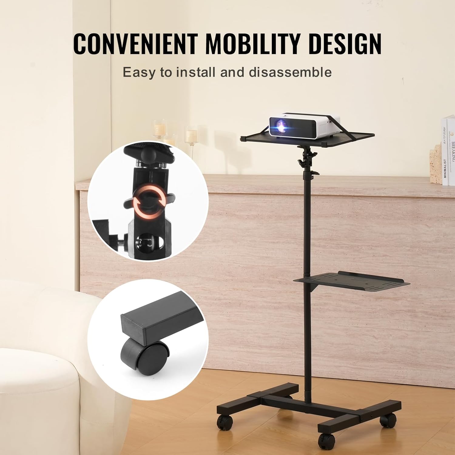VEVOR Projector Stand with Wheels, Projector Floor Stand Adjustable Height from 22.8 to 57.3 in, Projector Mount with 2 Trays, Ideal for Outdoor Movies, Home, Office, Stage and Studio, Black
