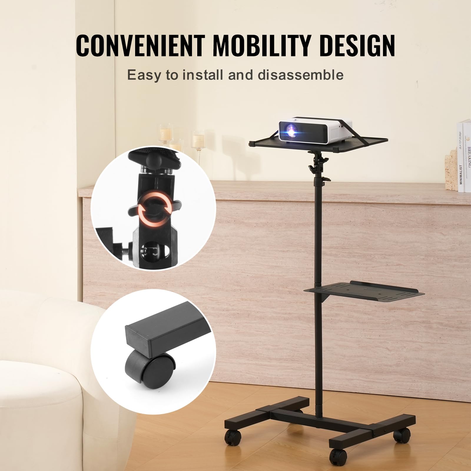 VEVOR Support de Projecteur avec Roulettes, Support Vidéoprojecteur sur Pied Hauteur Réglable 58-145,5 cm, Stand de Vidéoprojecteur avec 2 Plateaux, pour Cinéma en Plein Air Maison Bureau Scène Studio