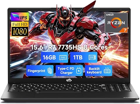 NIMO 15.6" AI-Light-Gaming-Laptop AMD Ryzen 7 7735HS 16GB DDR5 1TB SSD | Beat i7-12650, Radeon 680M for AI Tasks, Content Creation Streaming & Work, FHD 100W USB-C PD Charging, 2-Y