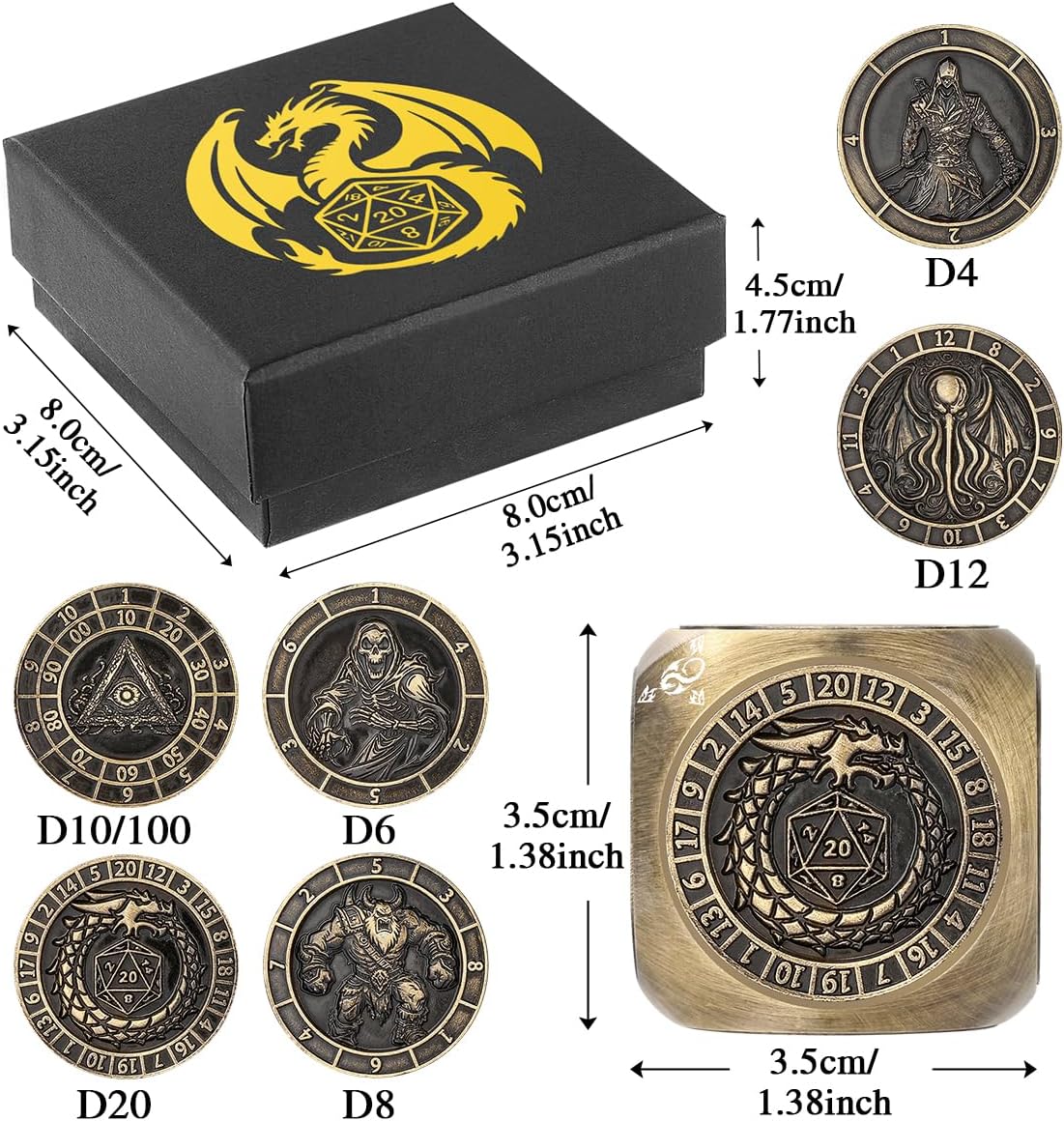 DND Fingertip Dice Spinner, Polyhedral Rotating Game Dice, Metal Dice Set with 3D Pattern for DND Gifts with Dragon Logo Gift Box, Role Playing Board Game Accessories, Bronze