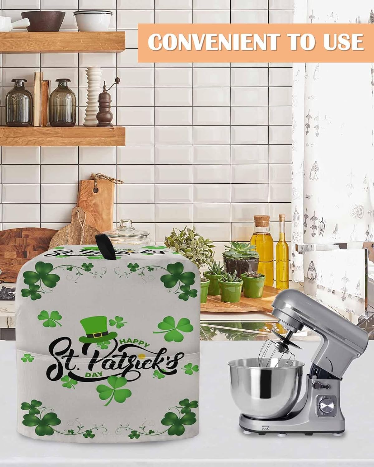 Happy St. Patrick's Day Stand Mixer Cover with Storage Pocket, Waterproof Kitchen Mixer Covers, Lucky Shamrocks Grass Hats Kitchen Appliance Dust Cover Compatible with 5-8 Quart Mixers