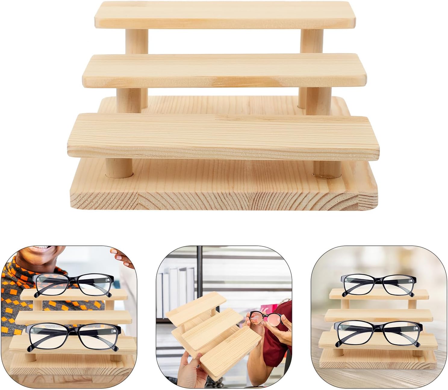 Wooden Sunglasses Holder Stand Eyeglass Display Rack with 3-tier Solid Wood Organizer for Desk Tabletop Eyewear Storage and Sunglass Display