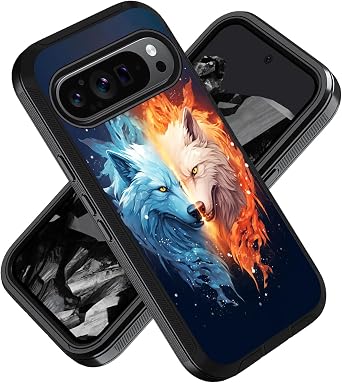for Google Pixel 9 Pro XL Phone Case, Military Grade Heavy Duty 3-Layer Shockproof Drop Protective Cover for Google Pixel 9 Pro XL 2024, Ice Wolf and Fire Wolf