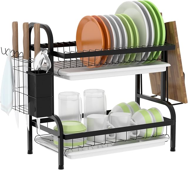 2 Tier Dish Drying Rack, Anti Rust Dish Drainer Rack with Drip Tray - Black Dish Rack Kitchen with Removable Cutlery Holder